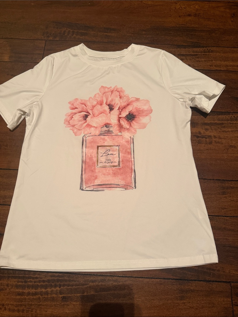 White Tee with Pink Floral Perfume Bottle Graphic